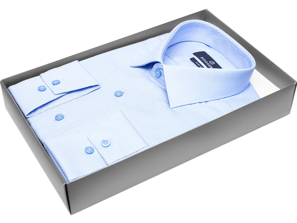 Голубая приталенная мужская рубашка Poggino 7011-71 в ромбах с длинными рукавами купить в Москве недорого