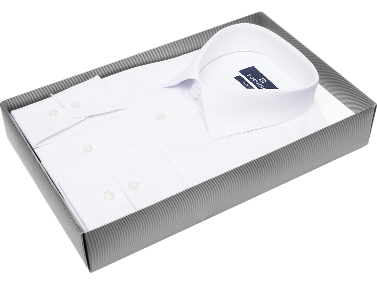 Белая приталенная мужская рубашка Poggino 5010-69 с длинными рукавами купить в Москве недорого