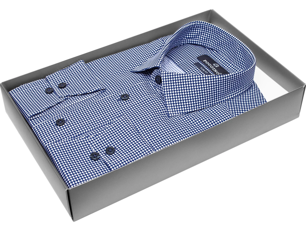 Модная молодежная рубашка Poggino 7012-13 рукав длинный силуэт приталенный стиль классический цвет синий с рисунком 100% хлопок