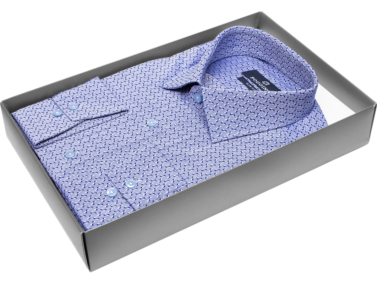 Модная молодежная рубашка Poggino 7011-43 рукав длинный силуэт приталенный стиль casual цвет синий с рисунком 100% хлопок