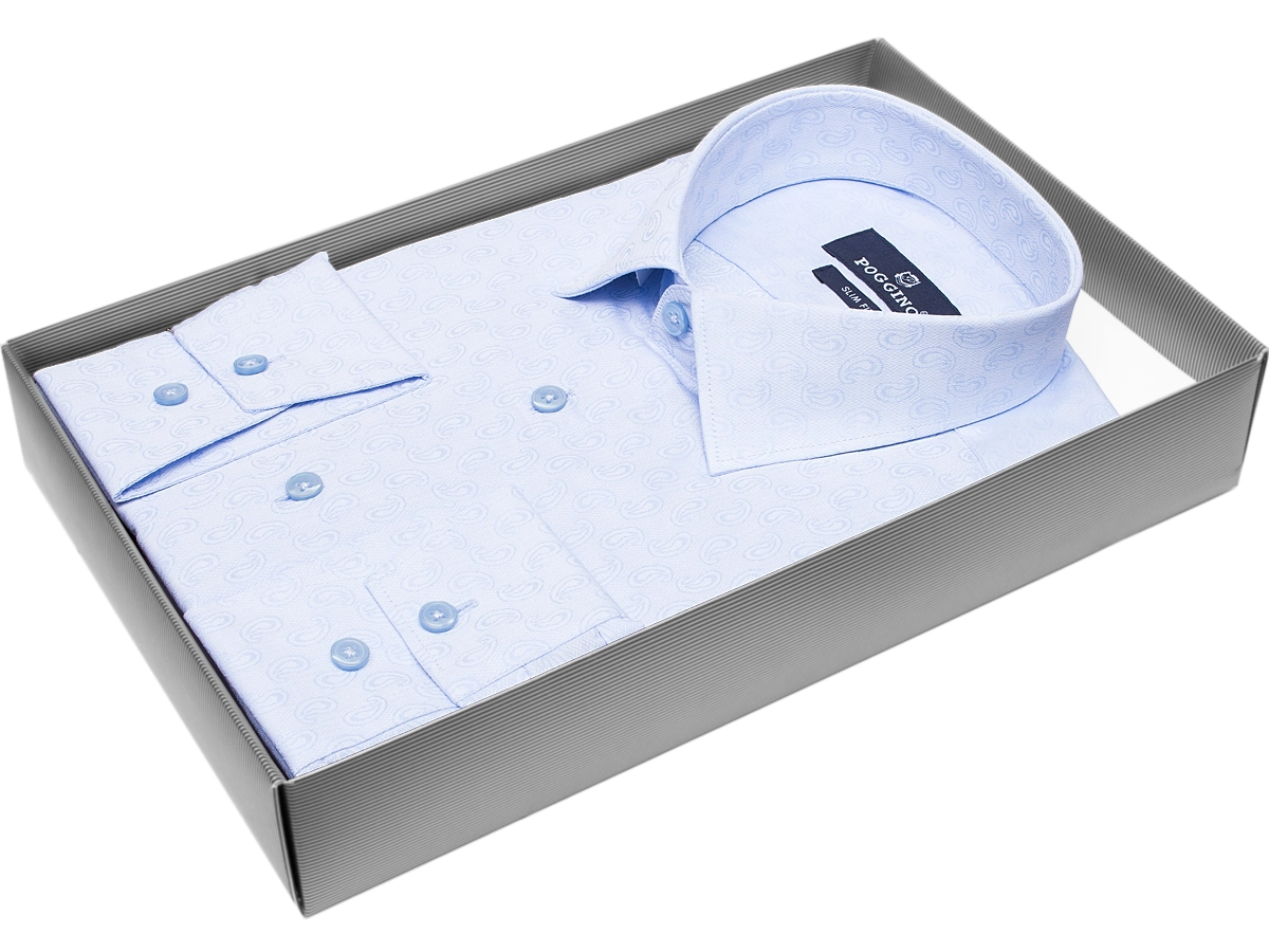 Удобная мужская рубашка Poggino 5010-23 рукав длинный силуэт приталенный стиль casual цвет голубой в восточных огурцах 100% хлопок