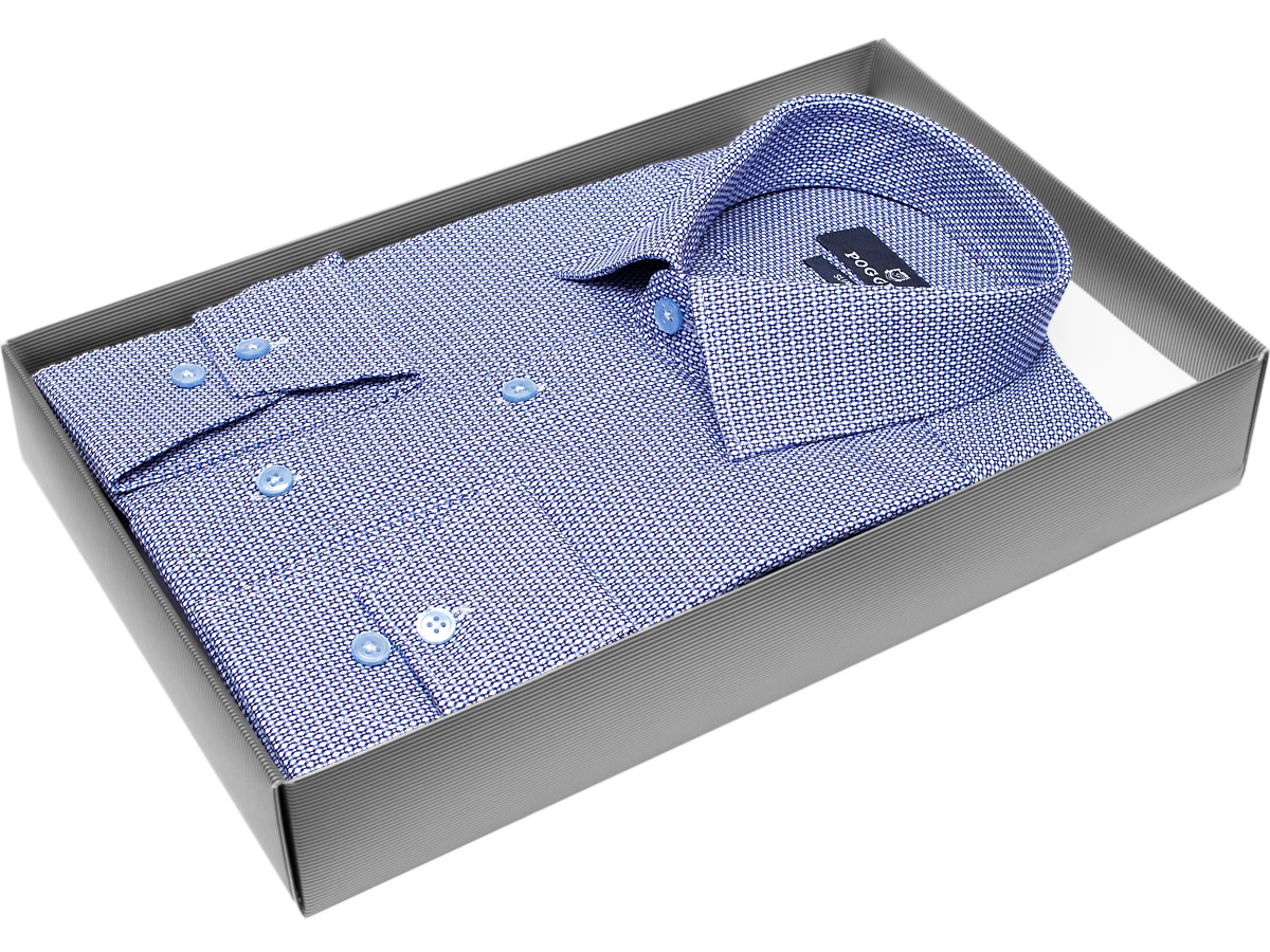 Модная молодежная рубашка Poggino 7011-10 рукав длинный силуэт приталенный стиль классический цвет синий с рисунком 100% хлопок