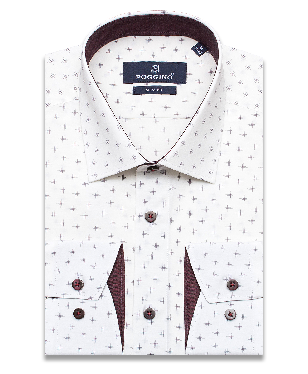 Кремовая приталенная мужская рубашка Poggino 5010-84 в узорах с длинными рукавами