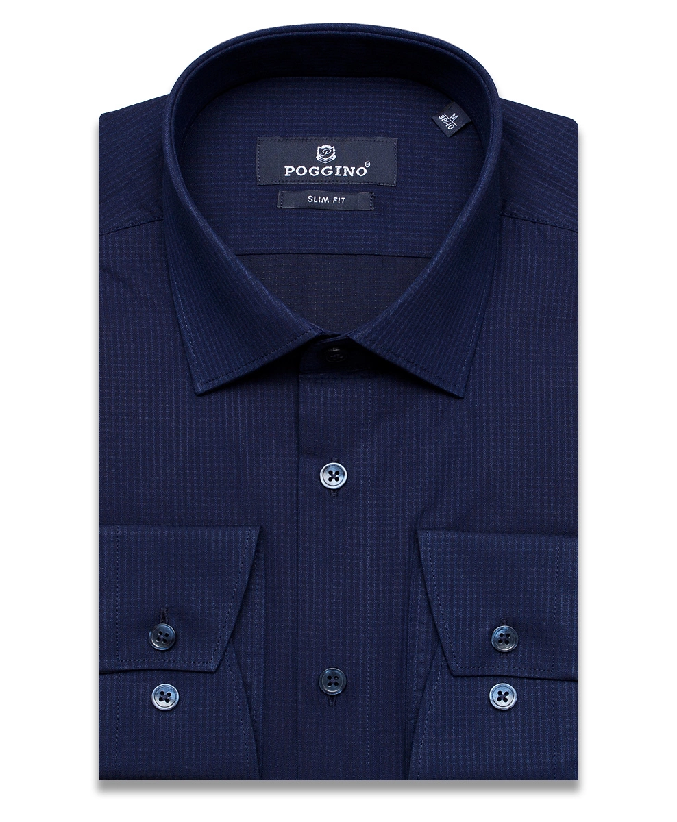 Темно-синяя приталенная мужская рубашка Poggino 5010-17м в полоску с длинными рукавами