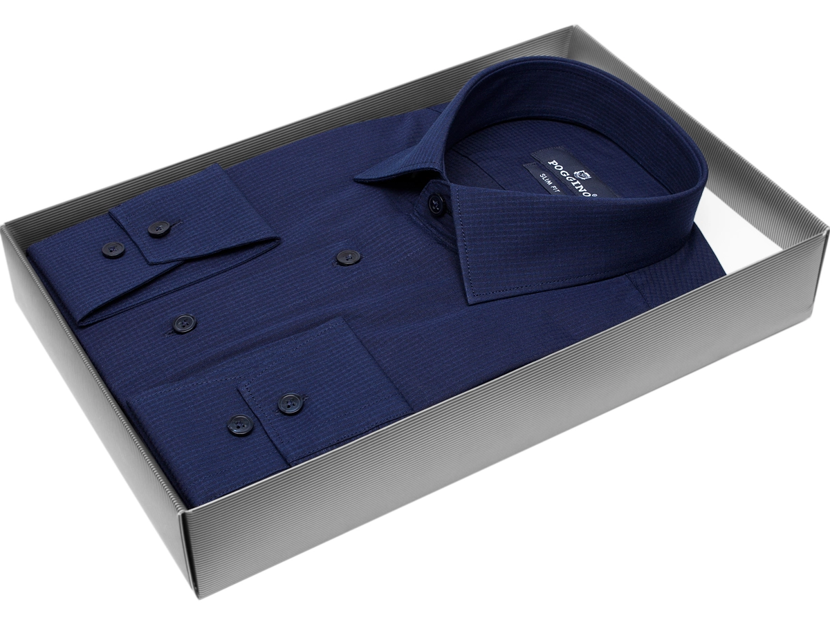 Модная мужская рубашка Poggino 5010-17м силуэт приталенный стиль классический цвет темно синий в полоску 100% хлопок