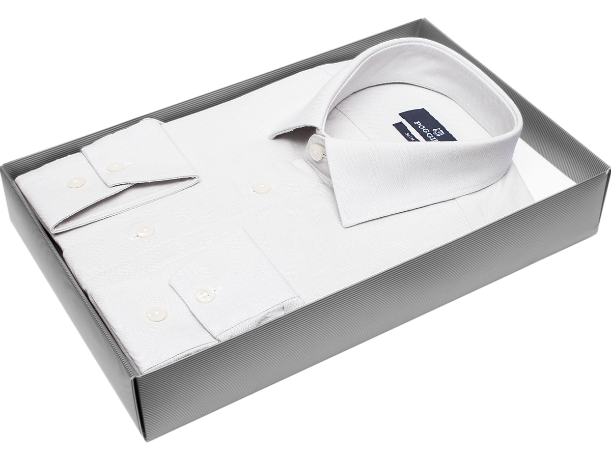 Брендовая мужская рубашка Poggino 5010-80 силуэт приталенный стиль классический цвет светло-серый однотонный 100% хлопок