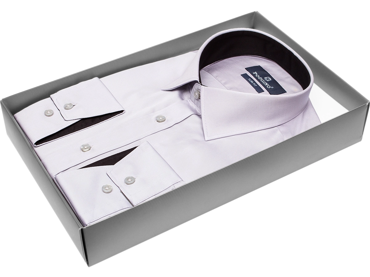 Модная молодежная рубашка Poggino 3001-03 рукав длинный силуэт приталенный стиль классический цвет светло-серый однотонный 100% хлопок