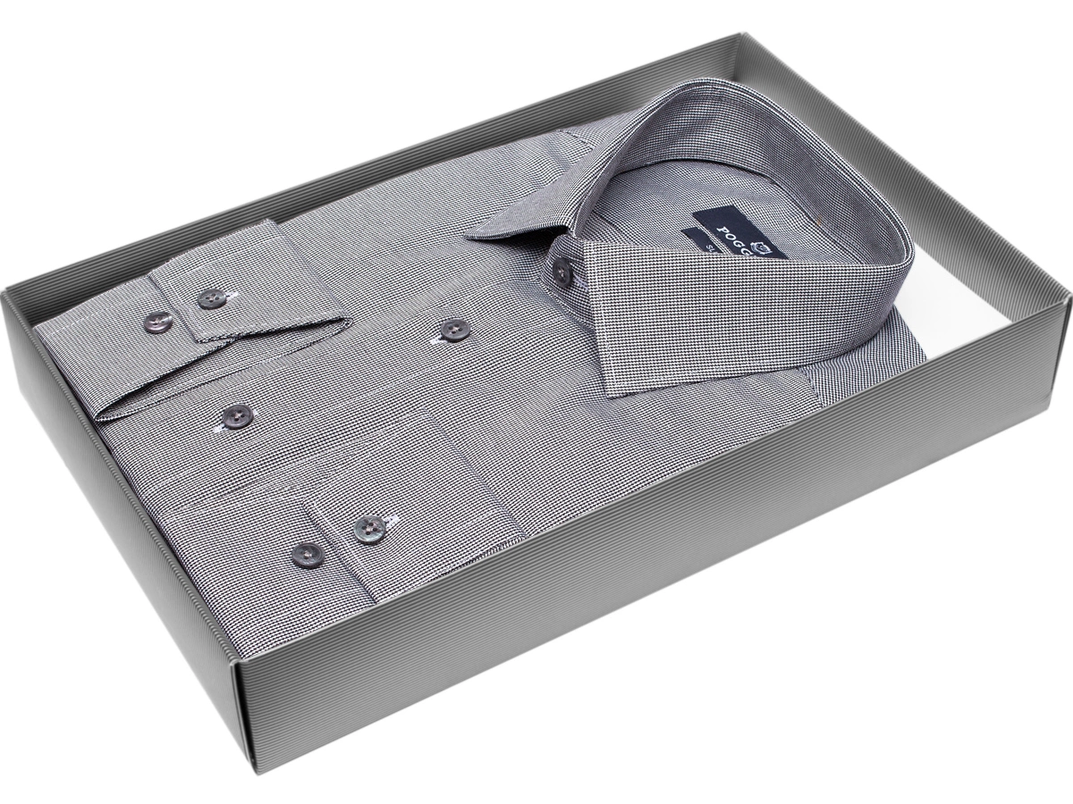 Стильная мужская рубашка Poggino 7011-21 рукав длинный силуэт приталенный стиль классический цвет темно серый в клетку 100% хлопок