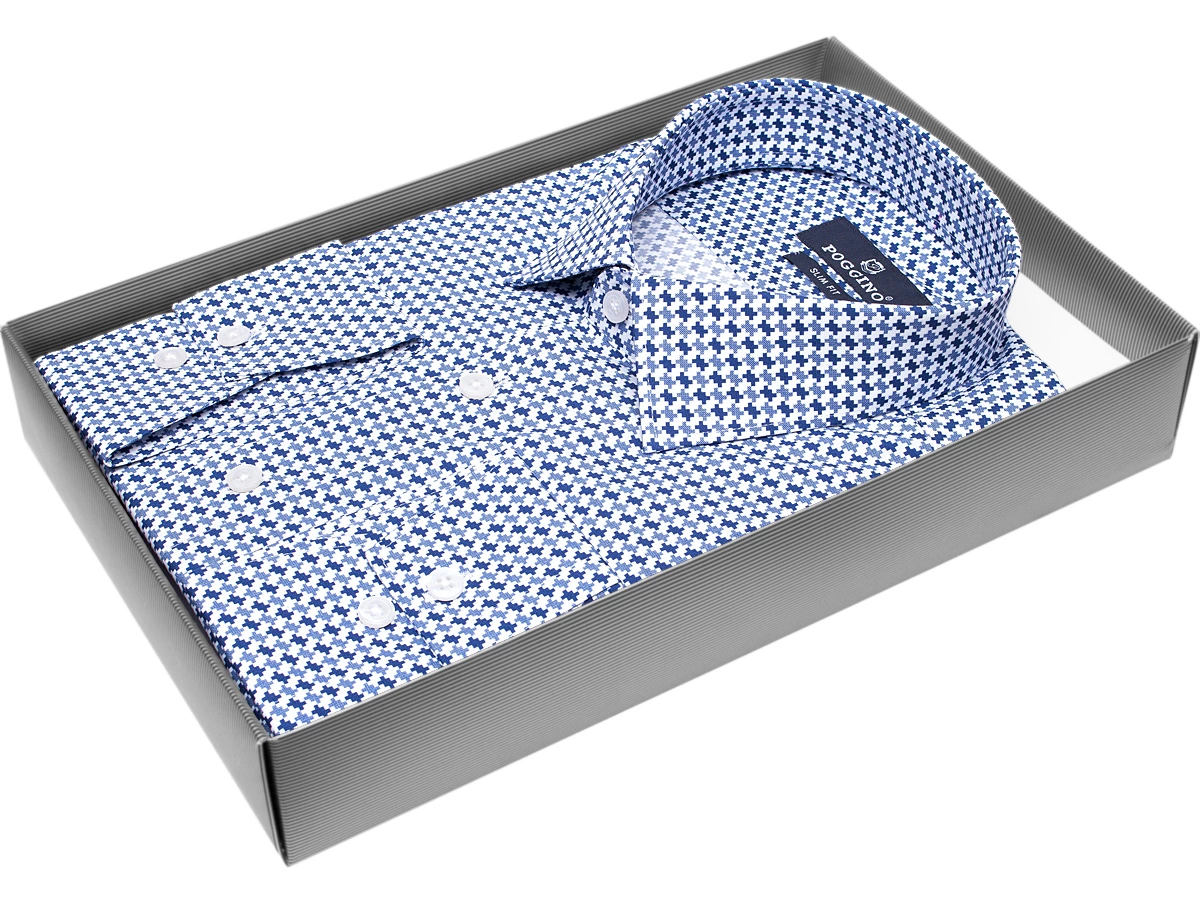Синяя приталенная мужская рубашка Poggino 7011-42 в узорах с длинным рукавом купить в Москве недорого