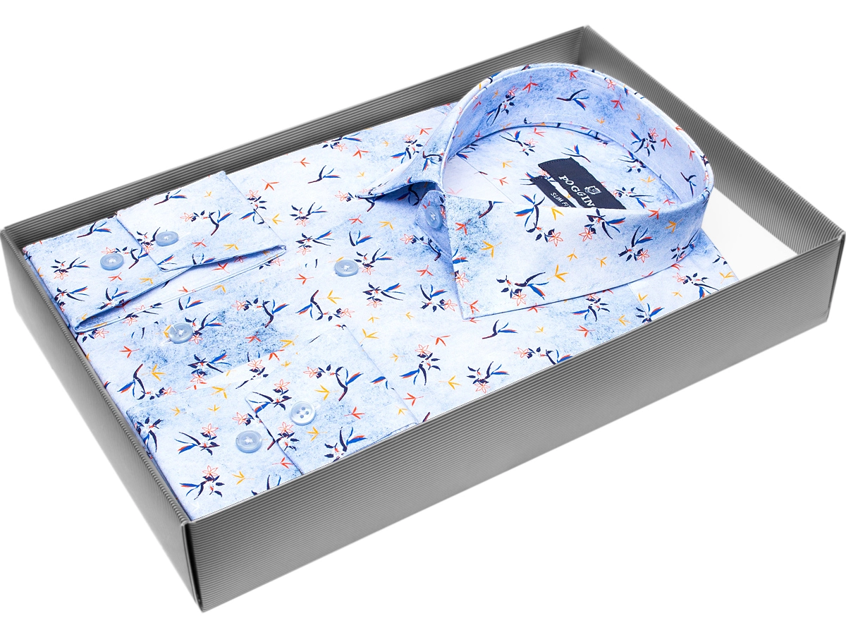 Стильная мужская рубашка Poggino 5010-02 рукав длинный силуэт приталенный стиль casual цвет голубой в цветах 100% хлопок
