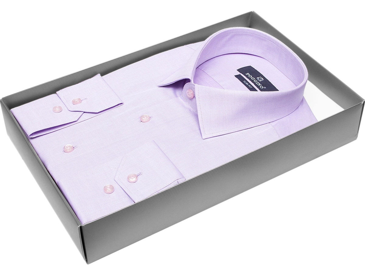 Модная мужская рубашка Poggino 3057-04 силуэт приталенный стиль классический цвет сиреневый однотонный 100% хлопок