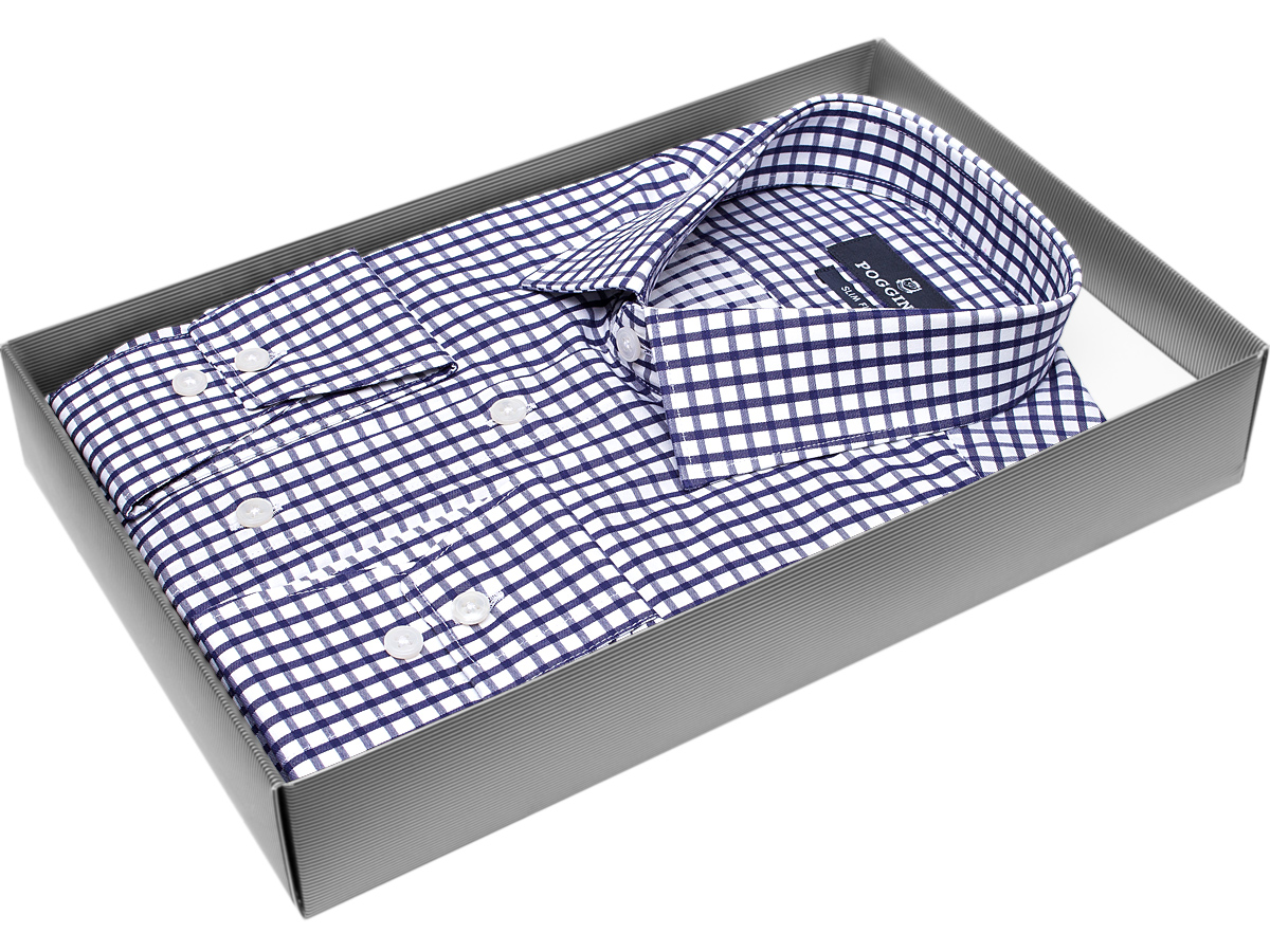 Синяя приталенная мужская рубашка Poggino 7011-58 в клетку с длинными рукавами купить в Москве недорого