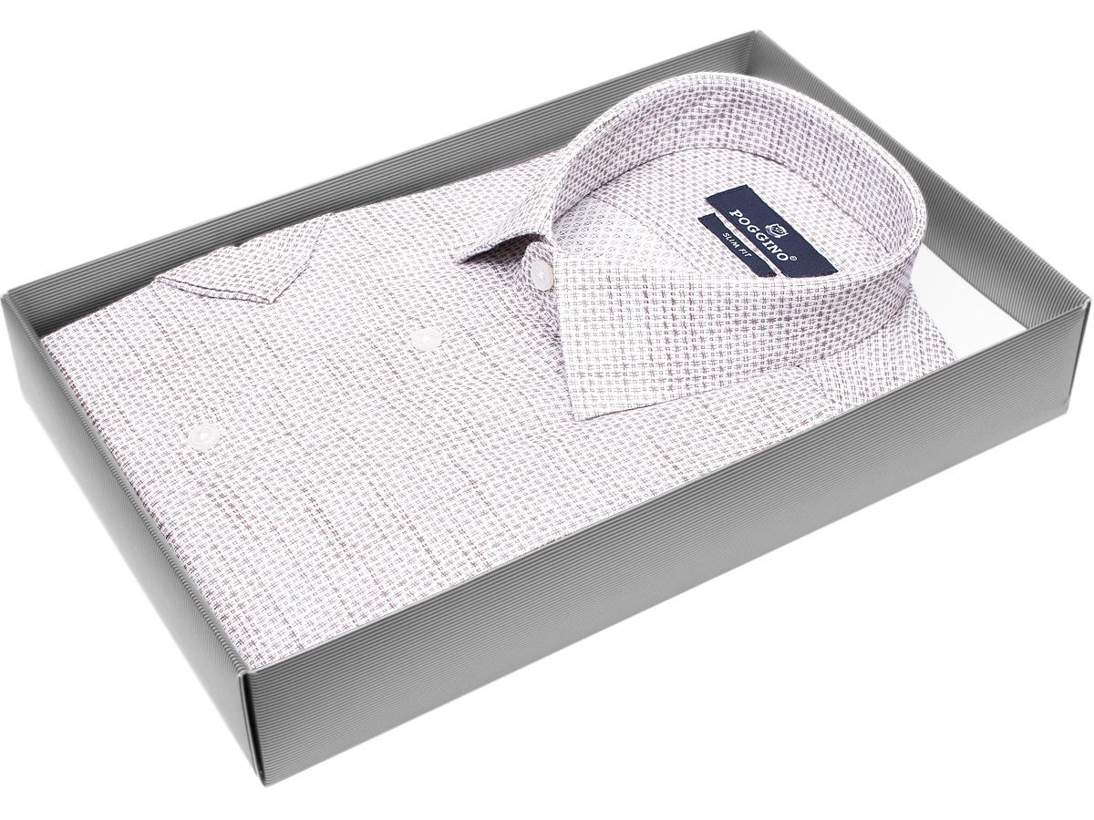 Стильная мужская рубашка Poggino 7003-61 рукав короткий силуэт приталенный стиль классический цвет светло-коричневый в клетку 100% хлопок