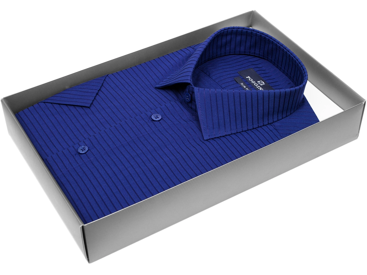 Темно-синяя приталенная мужская рубашка Poggino 7003-53 в полоску с коротким рукавом
