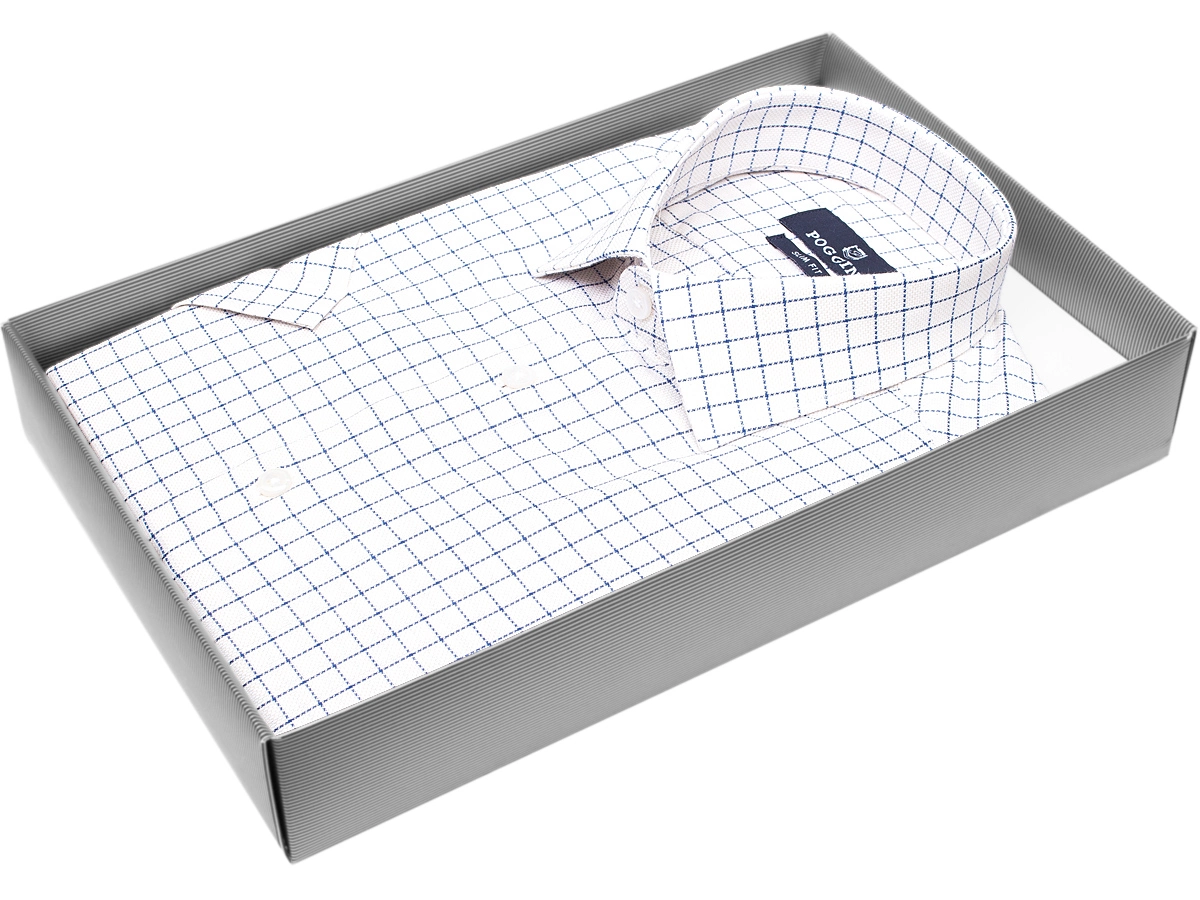 Бежевая приталенная мужская рубашка Poggino 7003-50 в клетку с коротким рукавом купить в Москве недорого