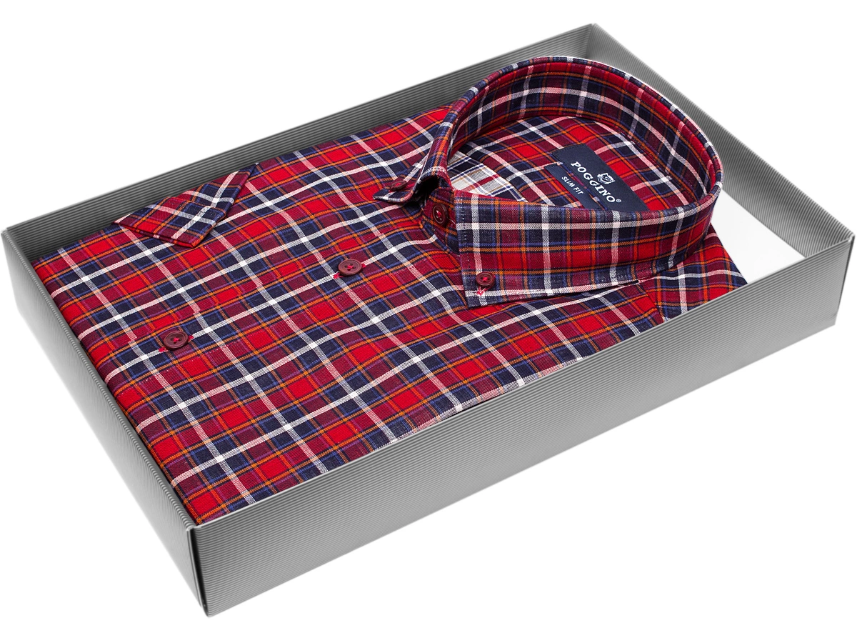 Красная приталенная мужская рубашка Poggino 7003-63 в клетку с коротким рукавом
