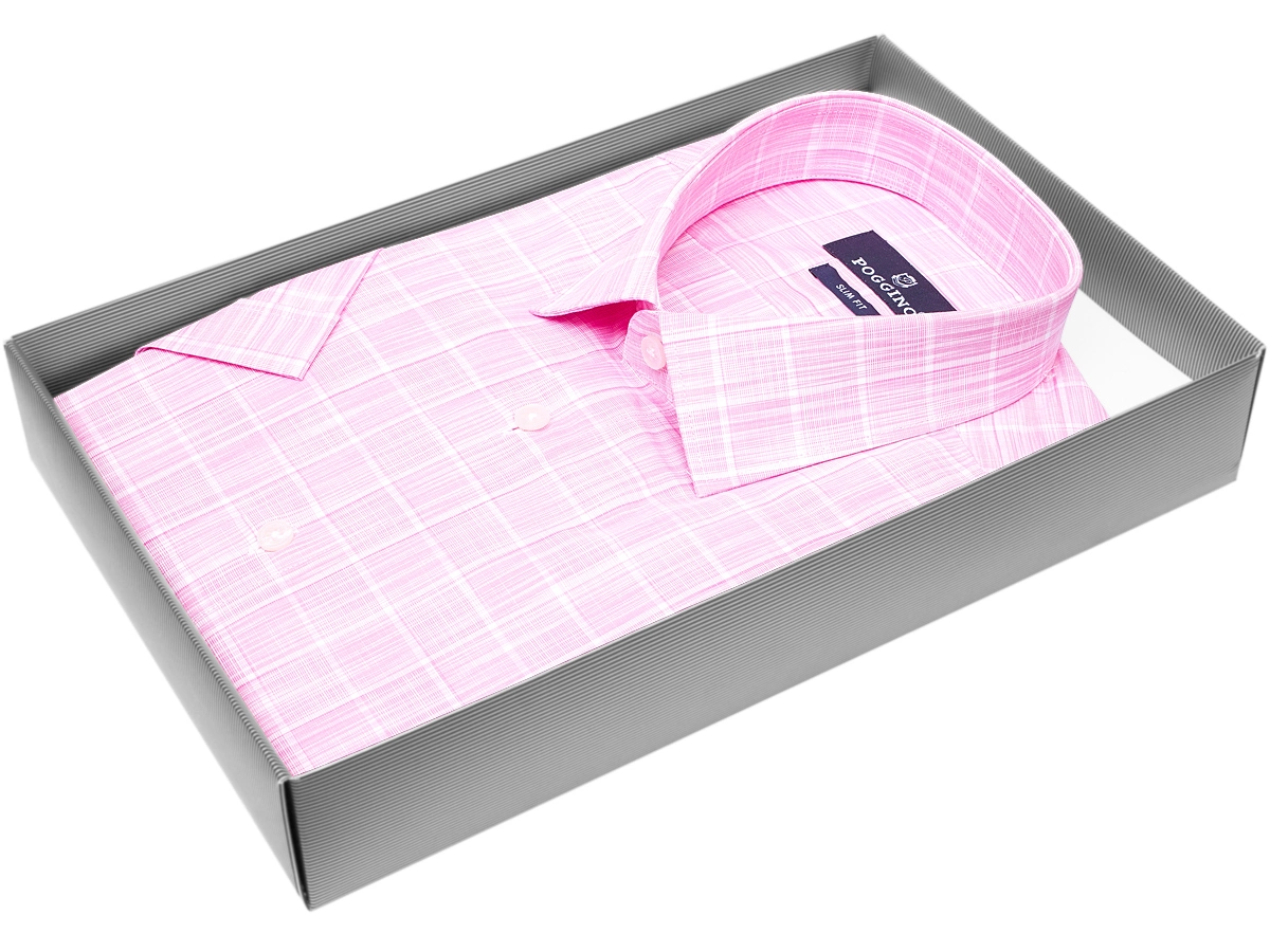 Розовая приталенная мужская рубашка Poggino 7003-09 в клетку с коротким рукавом