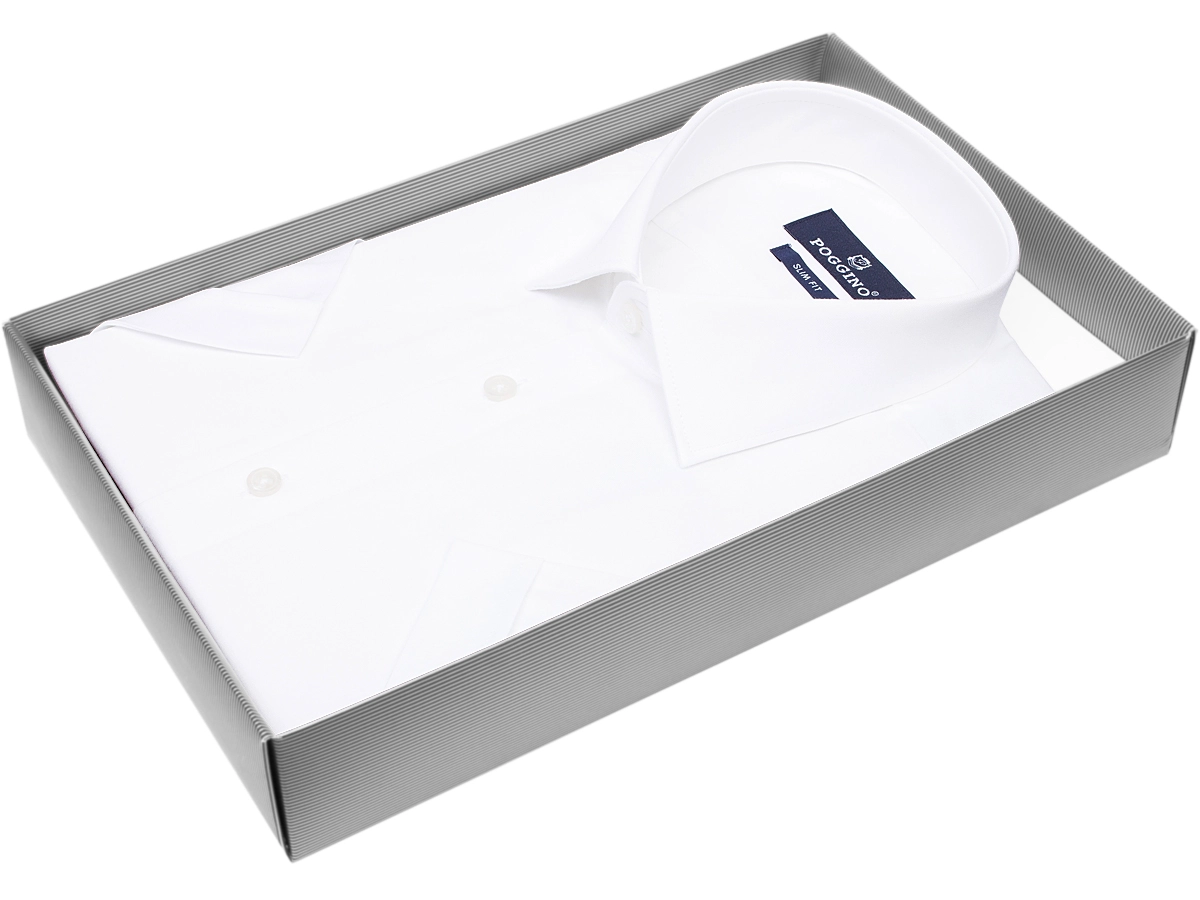 Удобная мужская рубашка Poggino 7003-42 рукав короткий силуэт приталенный стиль классический цвет белый однотонный 100% хлопок