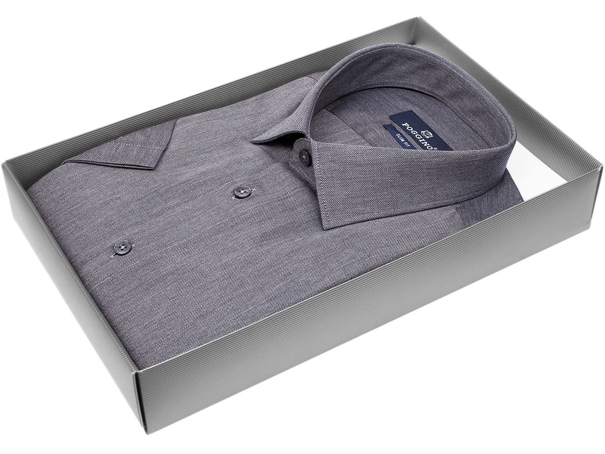 Яркая мужская рубашка Poggino 7003-45 рукав короткий силуэт приталенный стиль классический цвет темно серый однотонный 100% хлопок