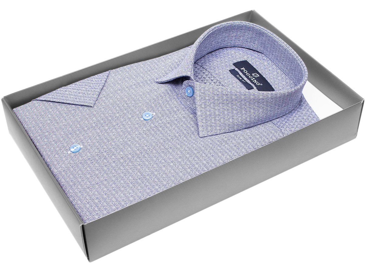 Светло-синяя приталенная мужская рубашка Poggino 7003-55 меланж с короткими рукавами
