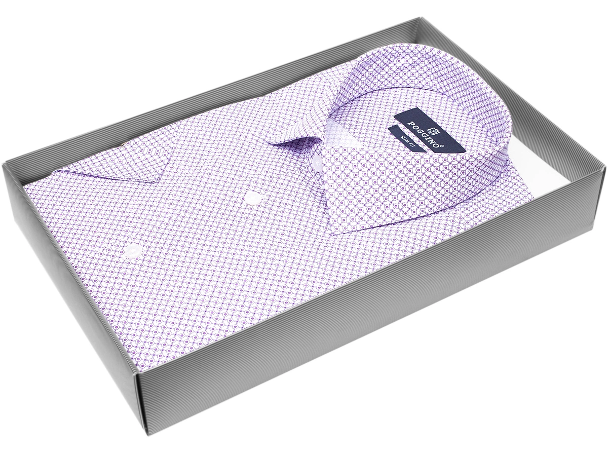 Стильная мужская рубашка Poggino 7003-27 рукав короткий силуэт приталенный стиль классический цвет сиреневый в клетку 100% хлопок