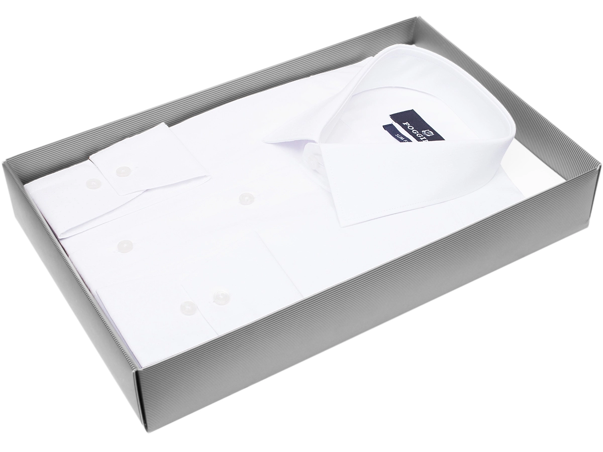 Мужская рубашка модного бренда Poggino 7012-19 рукав длинный силуэт приталенный стиль классический цвет белый в горошек 100% хлопок