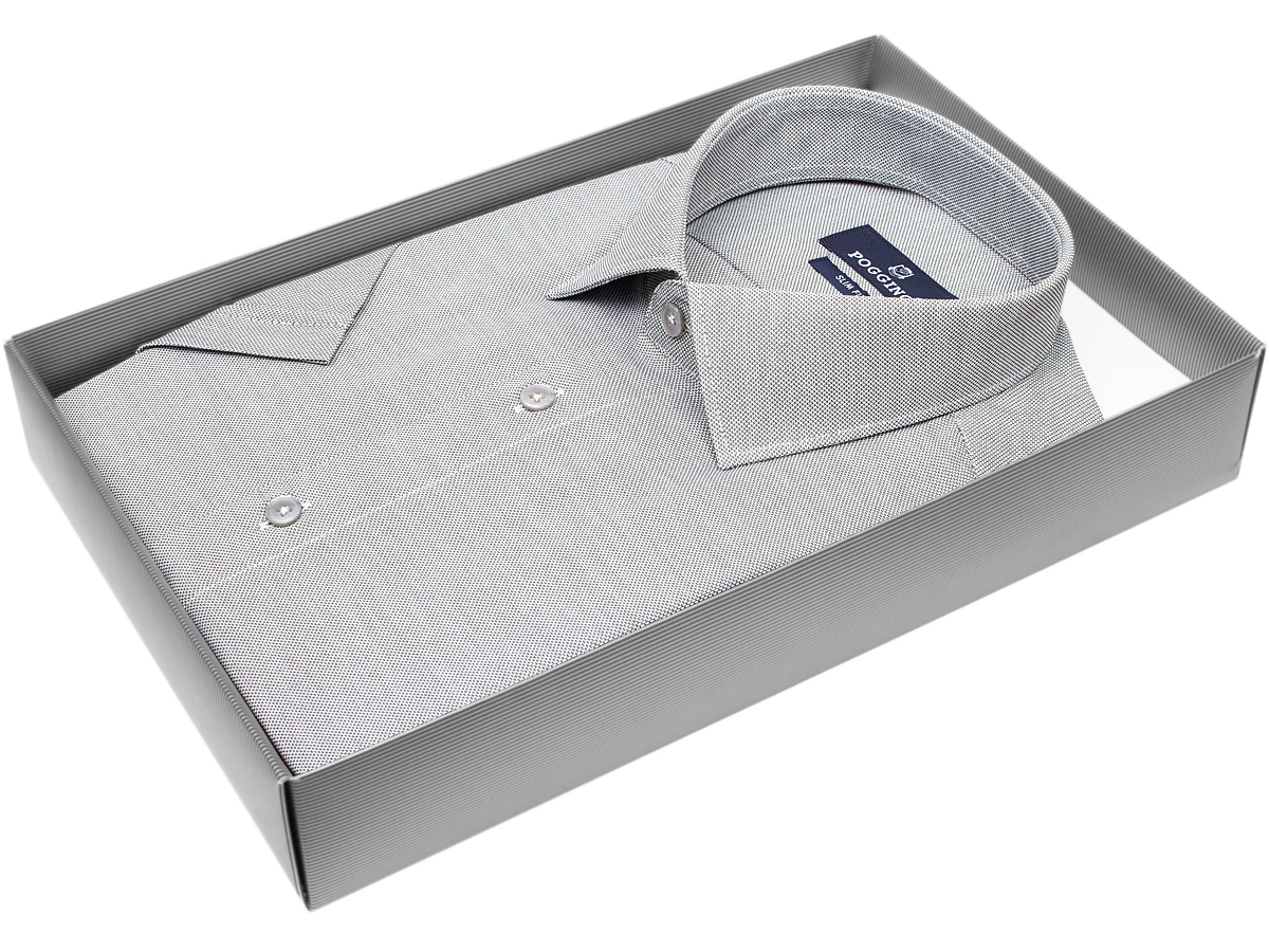 Стильная мужская рубашка Poggino 7003-46 рукав короткий силуэт приталенный стиль классический цвет серый меланж 100% хлопок
