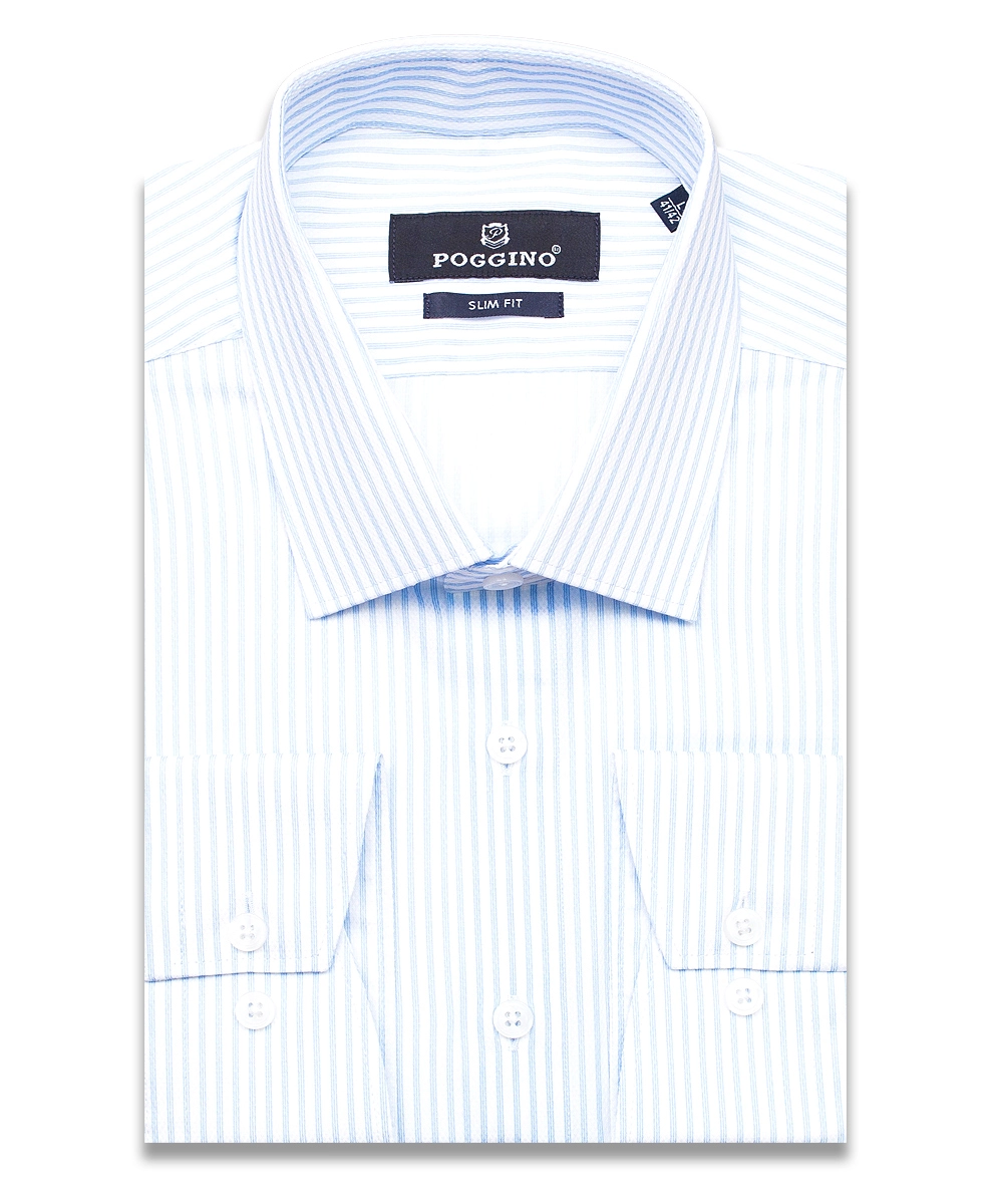 Голубая приталенная мужская рубашка Poggino 7012-04 в полоску с длинными рукавами