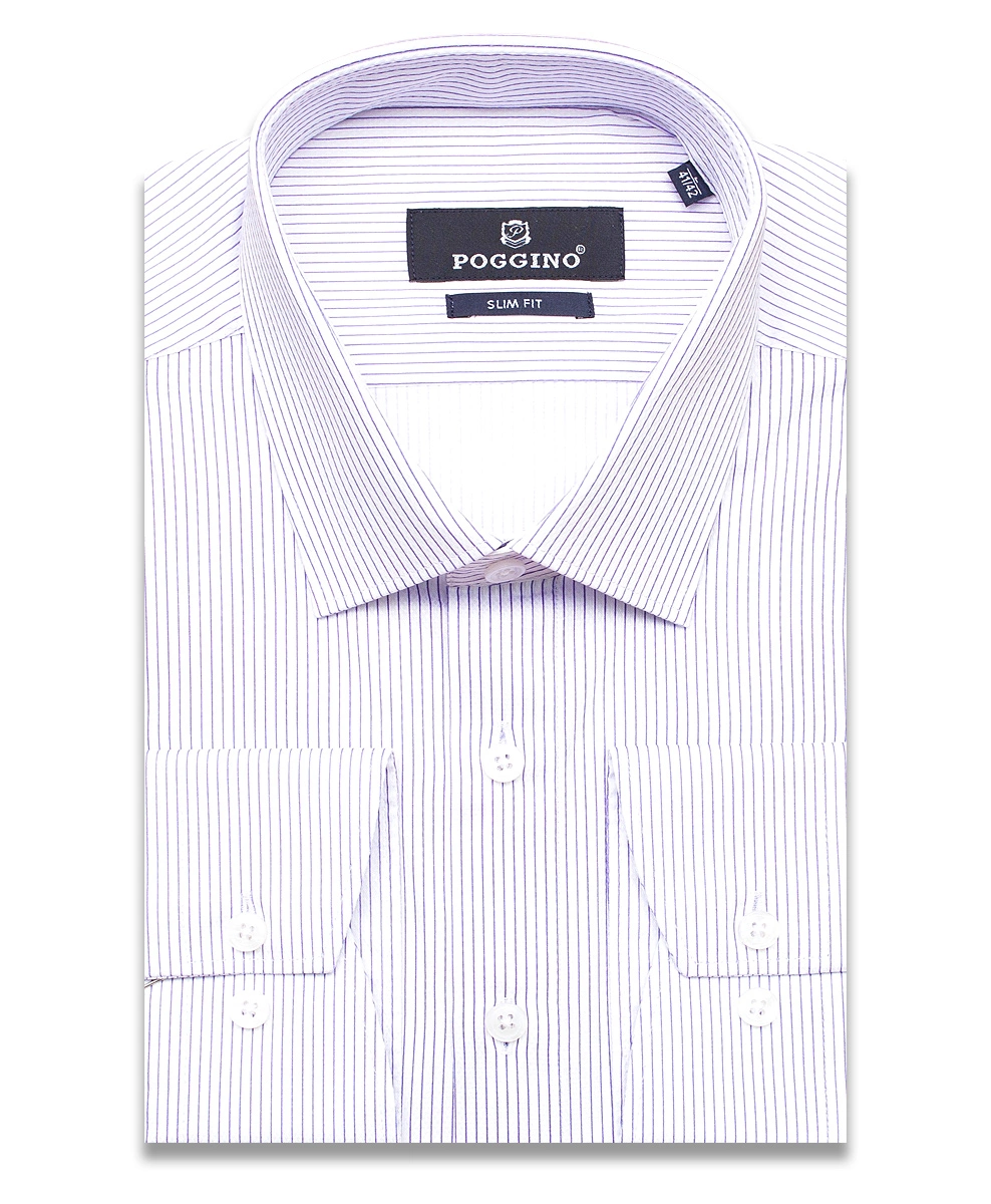 Сиреневая приталенная мужская рубашка Poggino 7012-27 в полоску с длинными рукавами