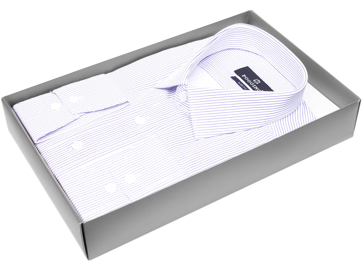 Сиреневая приталенная мужская рубашка Poggino 7012-27 в полоску с длинными рукавами купить в Москве недорого