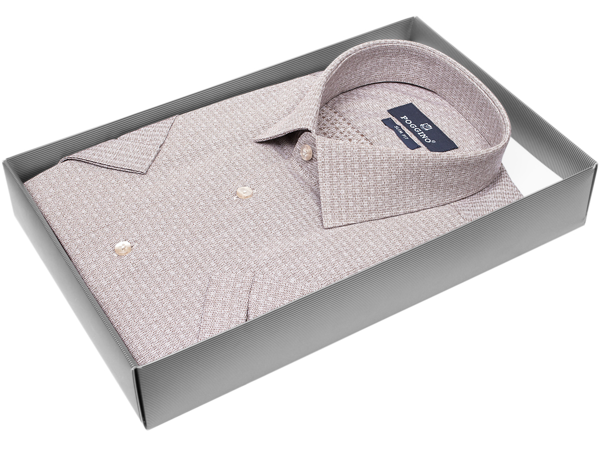 Светлая серо-коричневая приталенная мужская рубашка меланж Poggino 7003-57 с коротким рукавом купить в Москве недорого