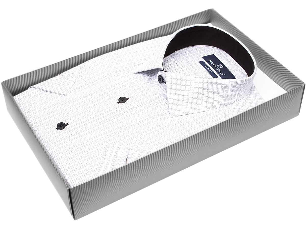 Стильная мужская рубашка Poggino 7001-44 рукав короткий силуэт приталенный стиль классический цвет светло-серый в клетку 100% хлопок