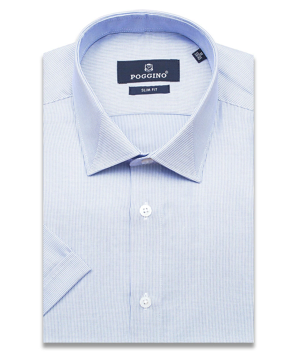 Голубая приталенная мужская рубашка Poggino 7003-69 в полоску с коротким рукавом