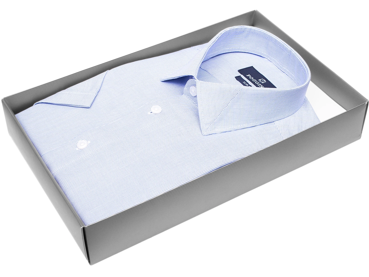 Стильная мужская рубашка Poggino 7003-69 рукав короткий силуэт приталенный стиль классический цвет голубой в полоску 100% хлопок