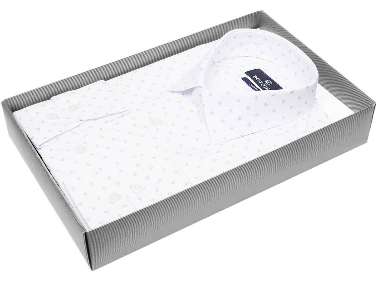 Стильная мужская рубашка Poggino 7012-51 силуэт приталенный стиль классический цвет белый в ромбах 100% хлопок