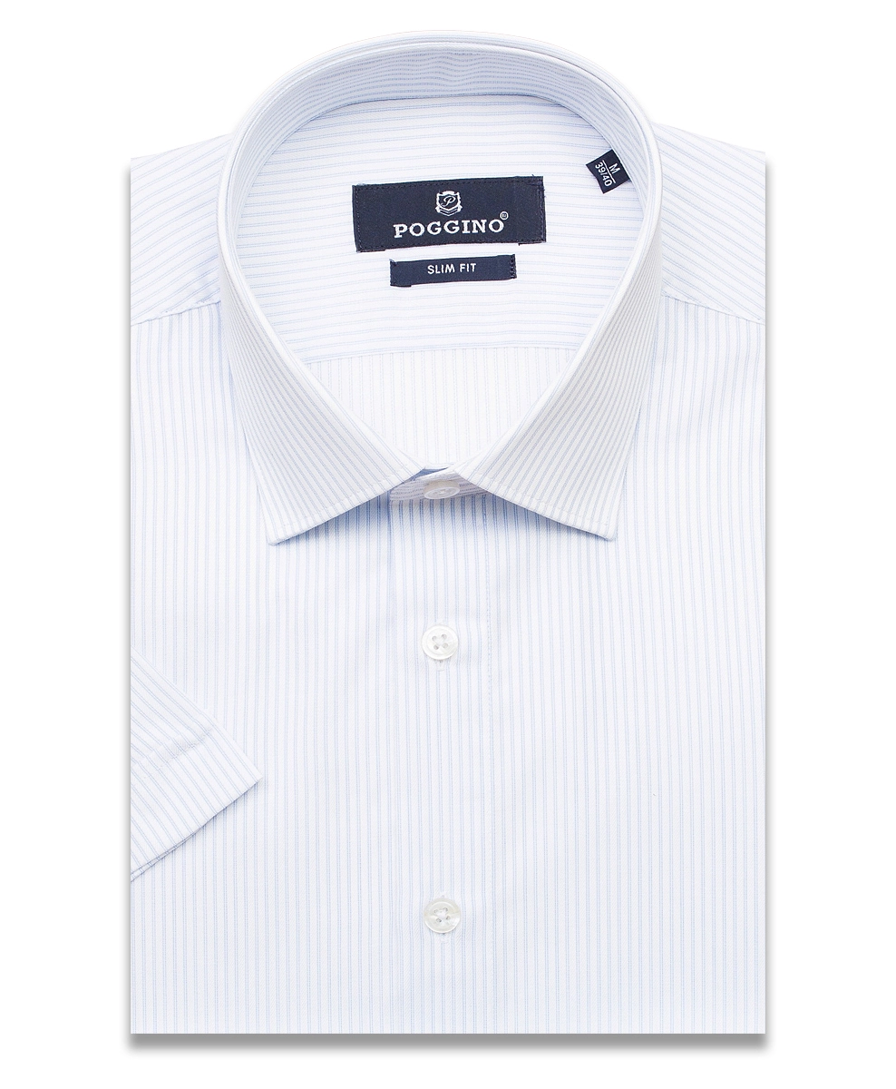 Белая приталенная мужская рубашка Poggino 7003-01 в полоску с коротким рукавом