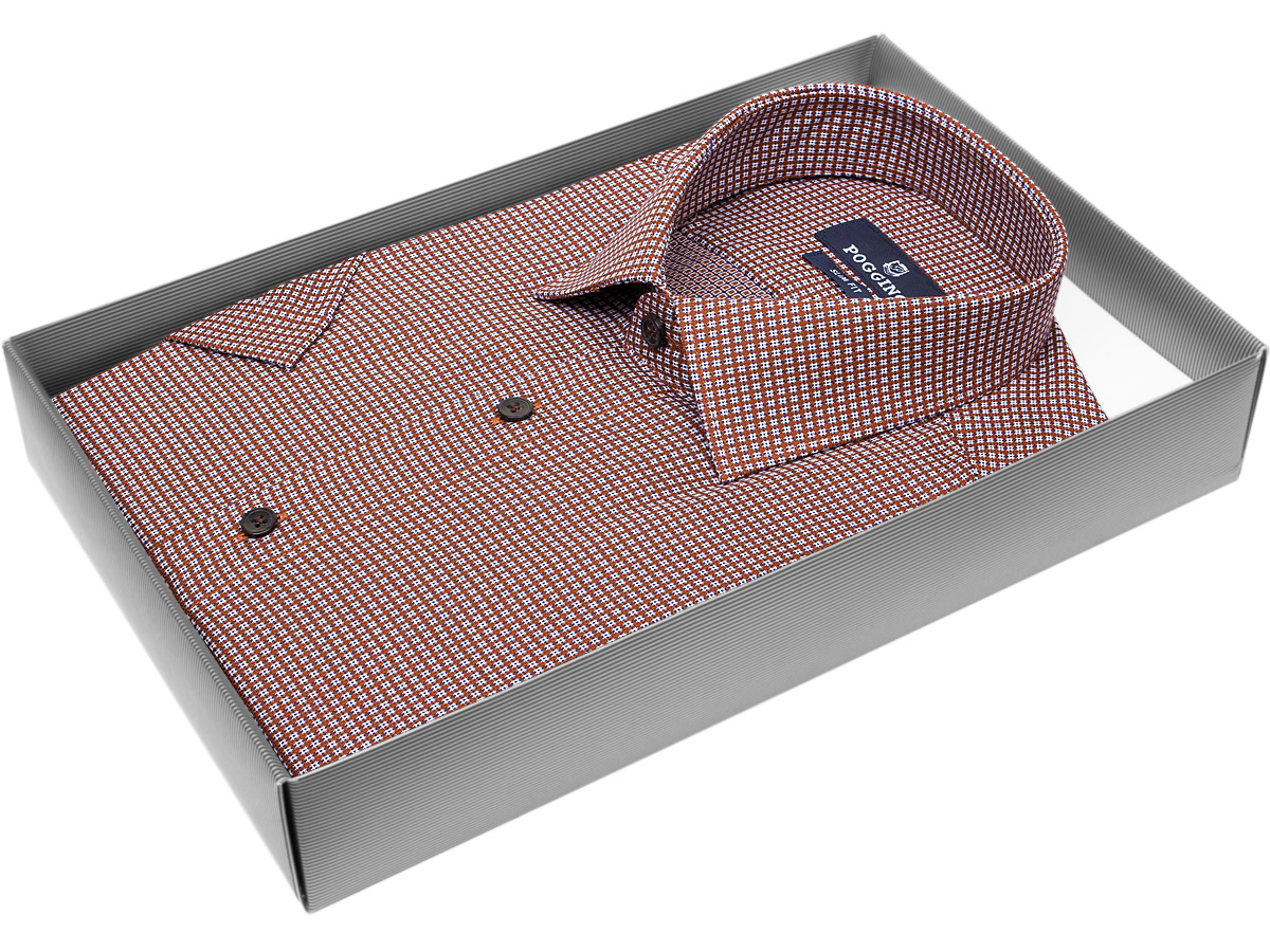 Коричневая приталенная мужская рубашка Poggino 7003-47 в клетку с коротким рукавом купить в Москве недорого