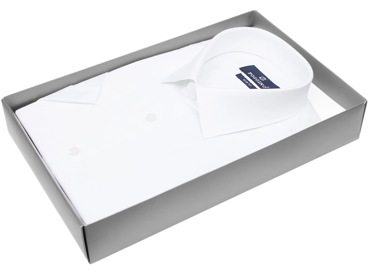 Модная молодежная рубашка Poggino 7003-31 рукав короткий силуэт приталенный стиль классический цвет белый однотонный 100% хлопок