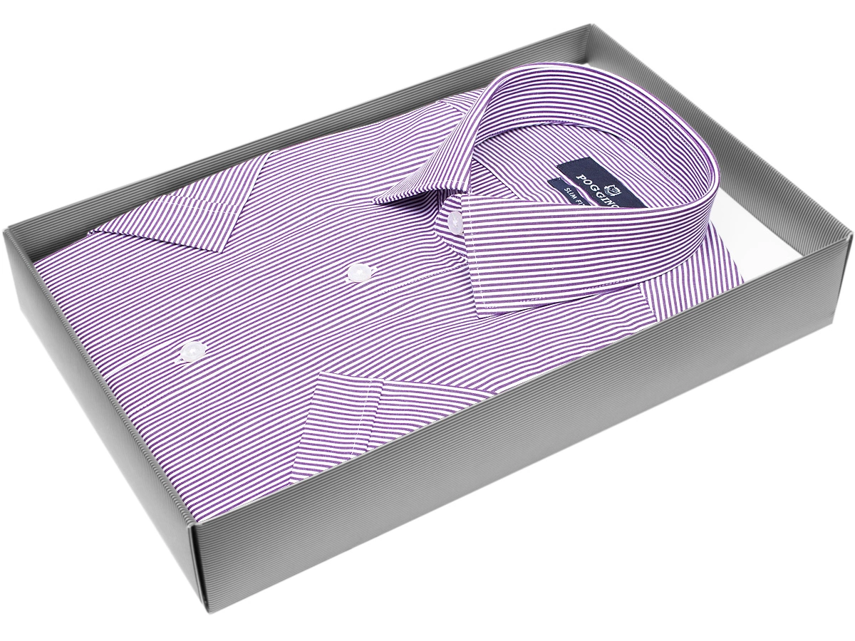 Мужская рубашка модного бренда Poggino 7003-40 рукав короткий силуэт приталенный стиль классический цвет сиреневый в полоску 100% хлопок