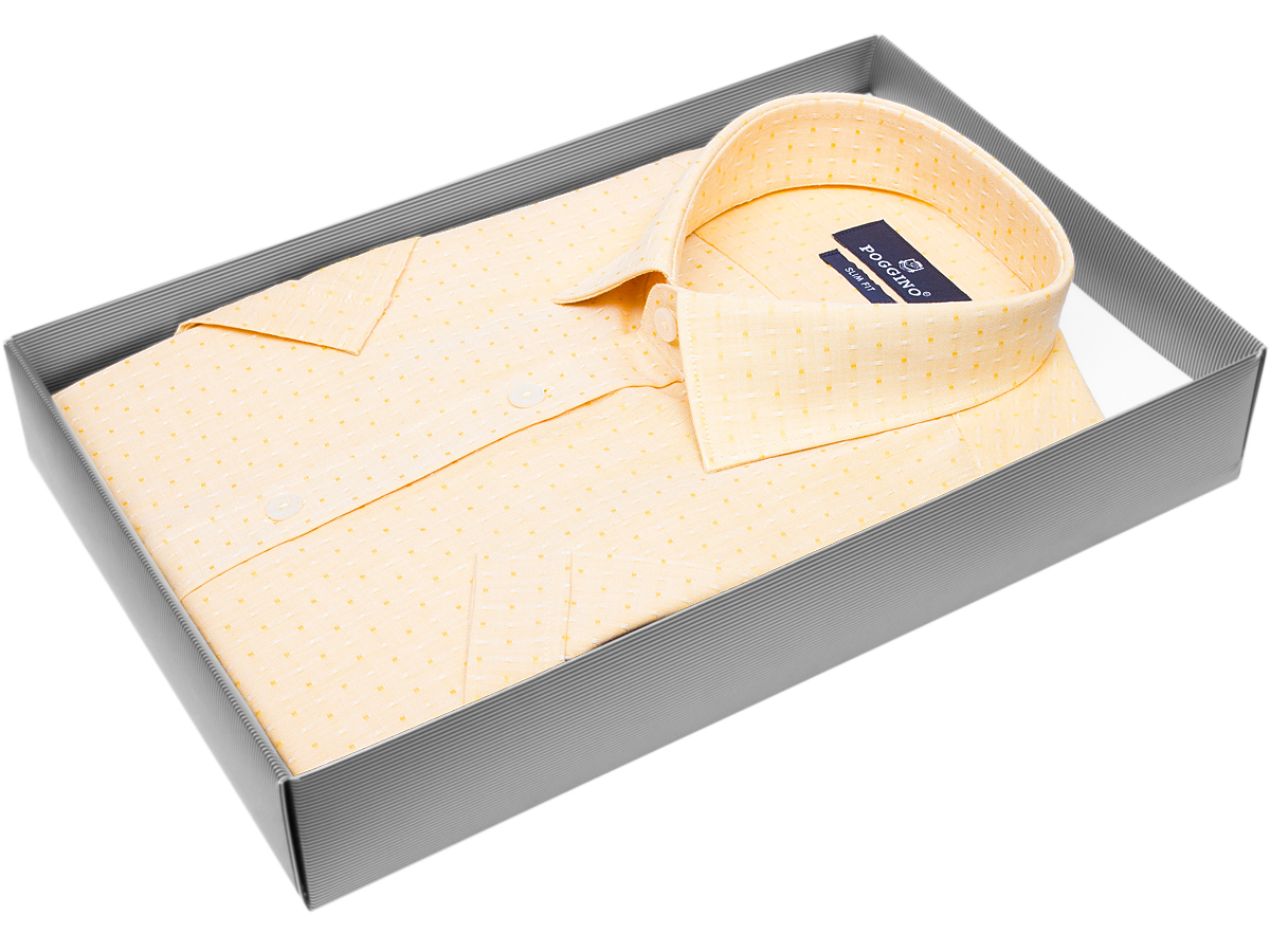Стильная мужская рубашка Poggino 7001-26 рукав короткий силуэт приталенный стиль классический цвет мокасиновый в отрезках 100% хлопок