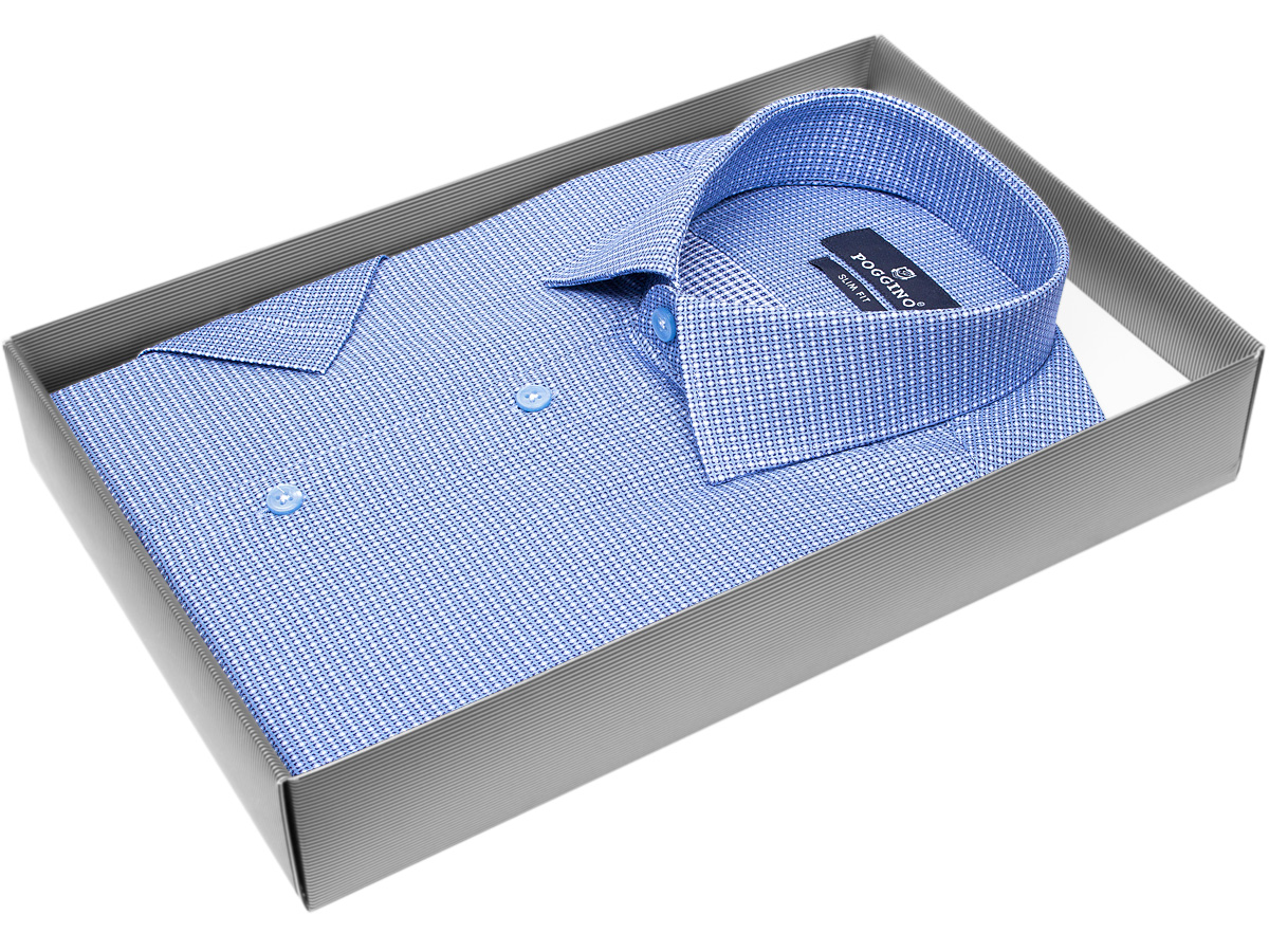 Стильная мужская рубашка Poggino 7003-51 рукав короткий силуэт приталенный стиль классический цвет синий в клетку 100% хлопок