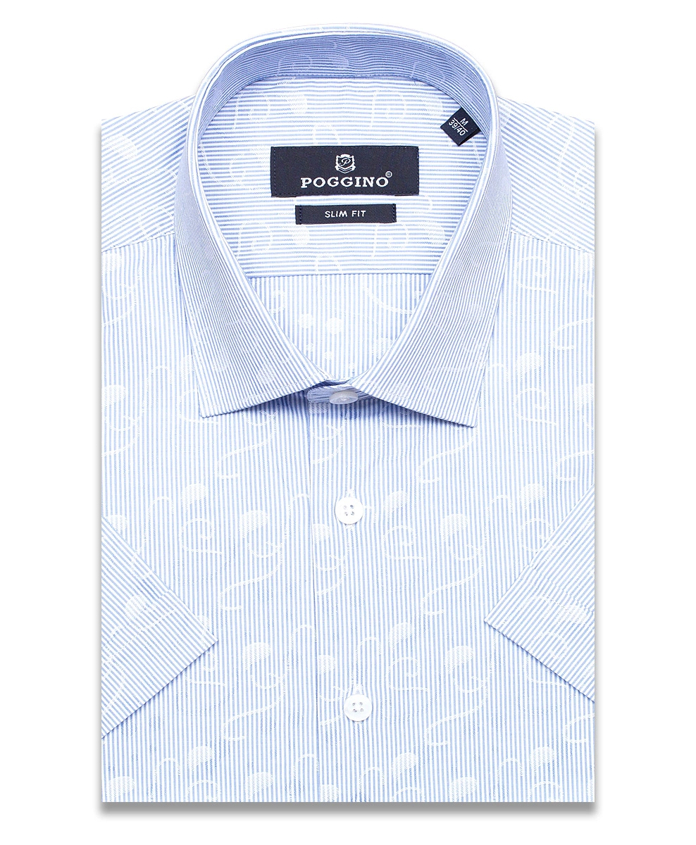 Голубая приталенная мужская рубашка Poggino 7004-52 в полоску с коротким рукавом