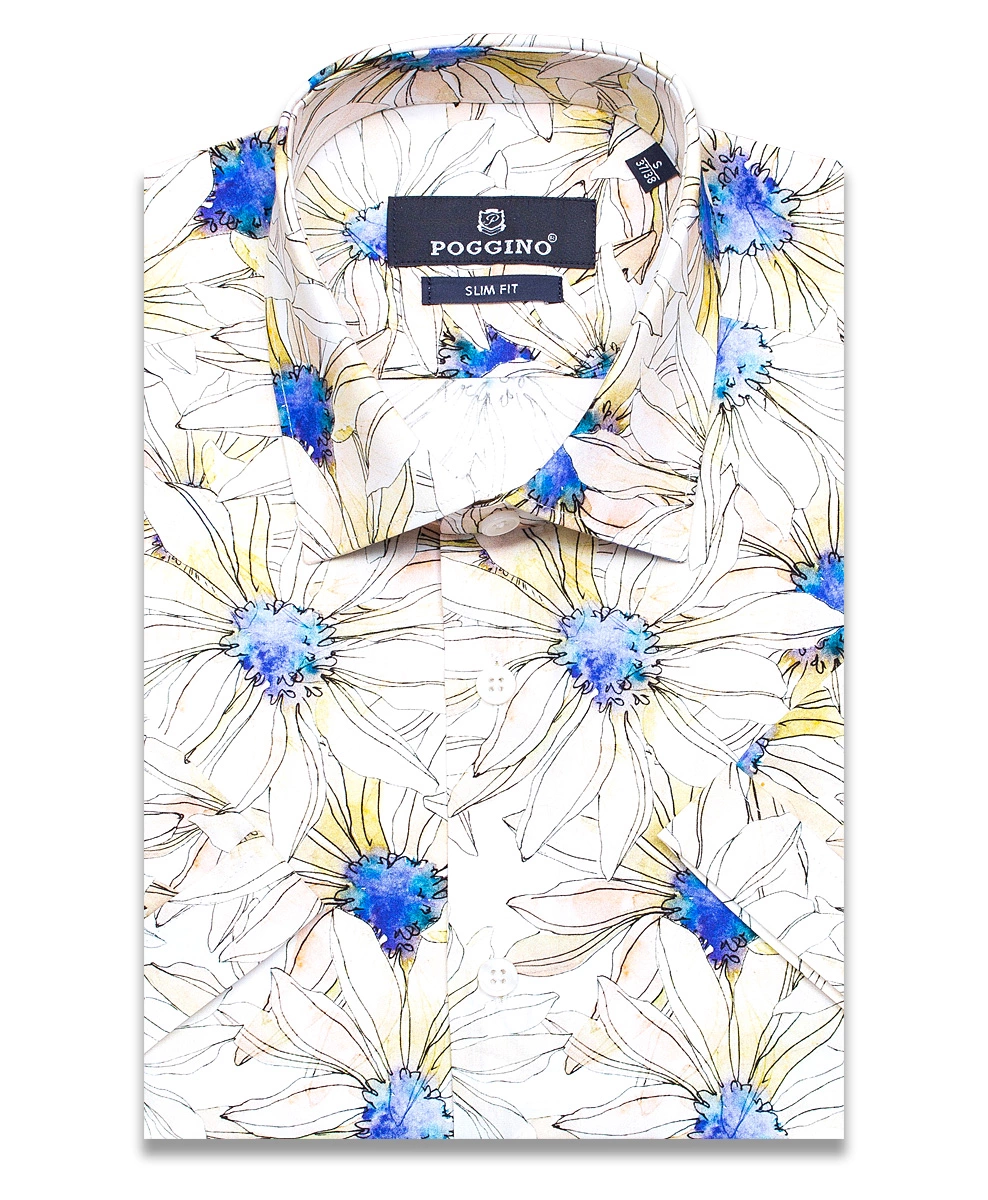 Бежевая приталенная мужская рубашка Poggino 7004-15 в цветах с коротким рукавом