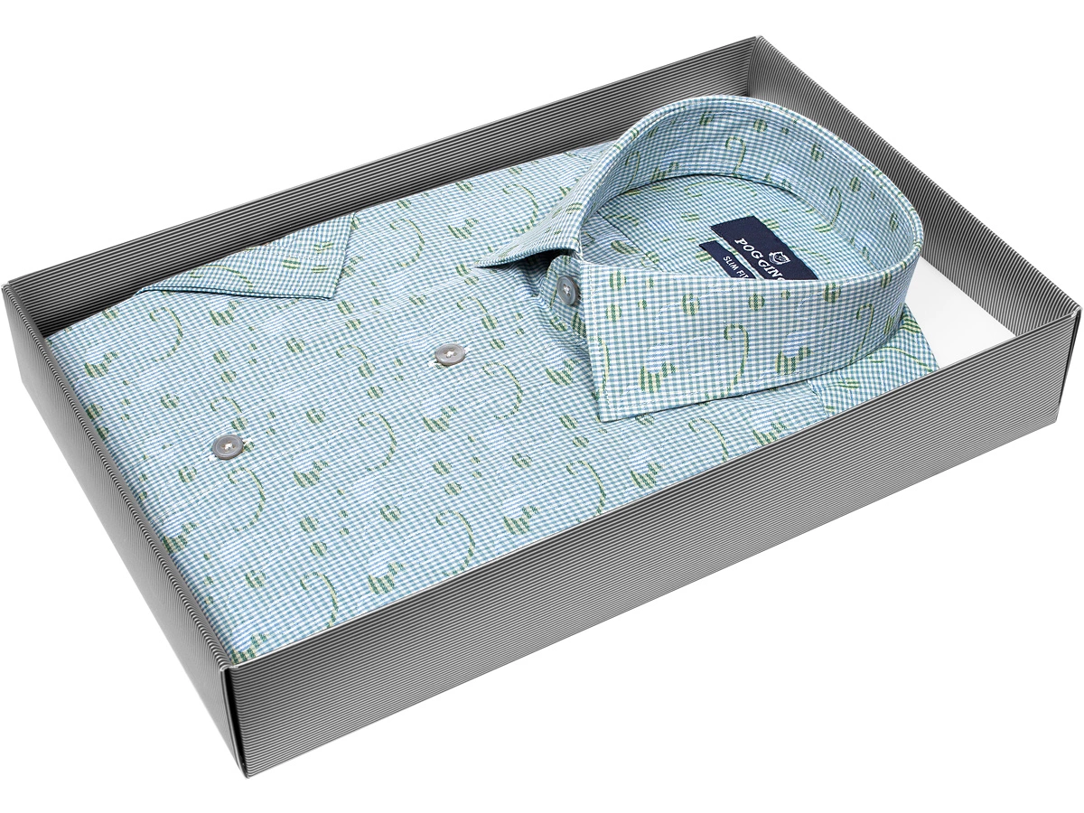 Яркая мужская рубашка Poggino 7003-17 рукав короткий силуэт приталенный стиль casual цвет светло-зеленый в клетку 100% хлопок