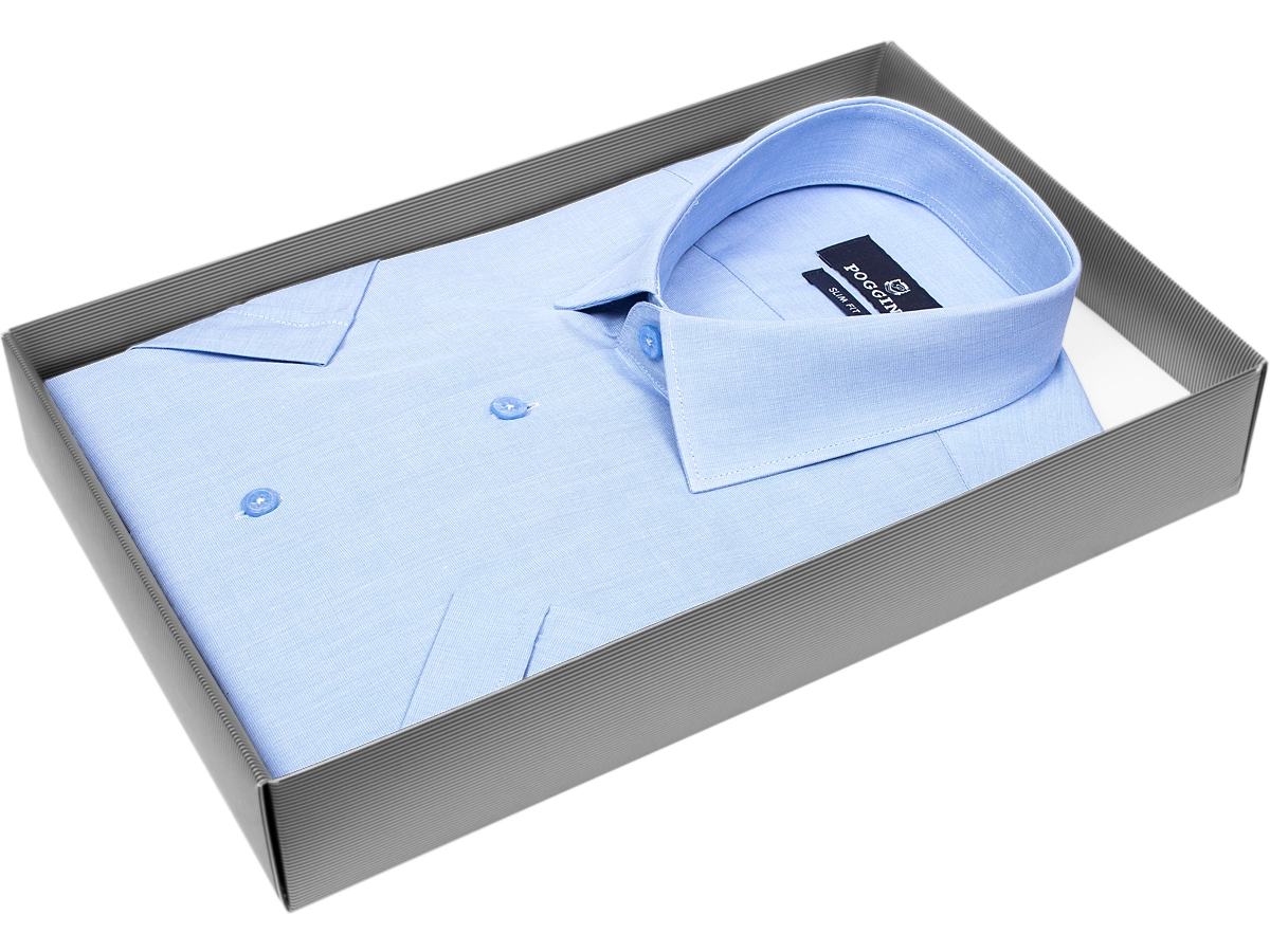 Голубая приталенная мужская рубашка Poggino 7004-07 с коротким рукавом