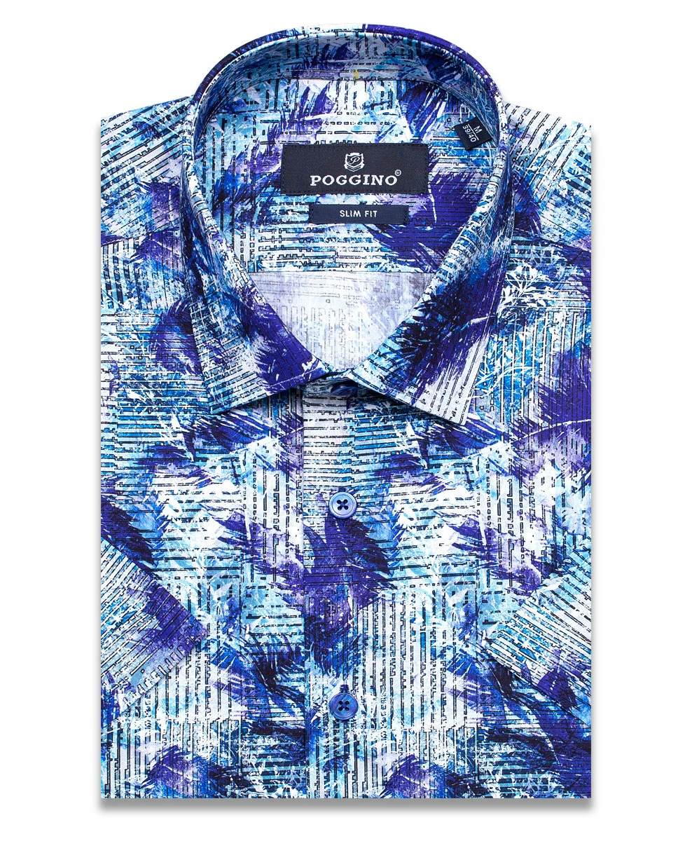 Синяя приталенная мужская рубашка Poggino 7004-29 в абстракции с коротким рукавом