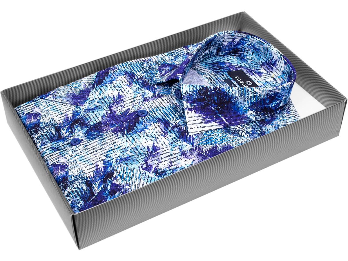 Брендовая мужская рубашка Poggino 7004-29 силуэт приталенный стиль casual цвет синий в абстракции 100% хлопок