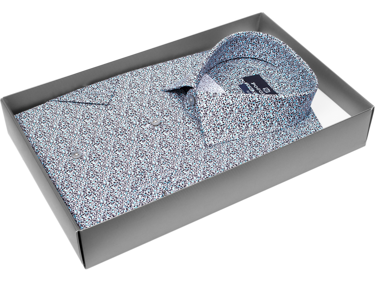 Стильная мужская рубашка Poggino 7004-10 рукав короткий силуэт приталенный стиль casual цвет мультиколор в абстракции 100% хлопок