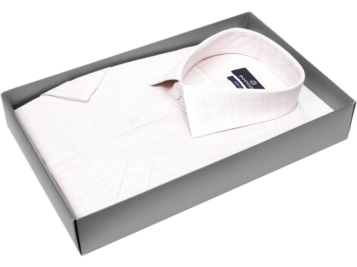Модная мужская рубашка Poggino 7004-19 силуэт приталенный стиль классический цвет бежевый меланж 100% хлопок