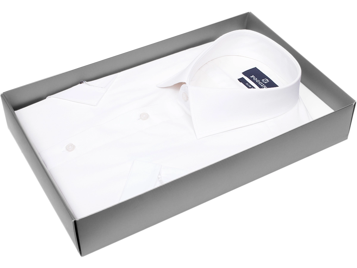 Мужская рубашка модного бренда Poggino 7004-02 рукав короткий силуэт приталенный стиль классический цвет белый однотонный 100% хлопок